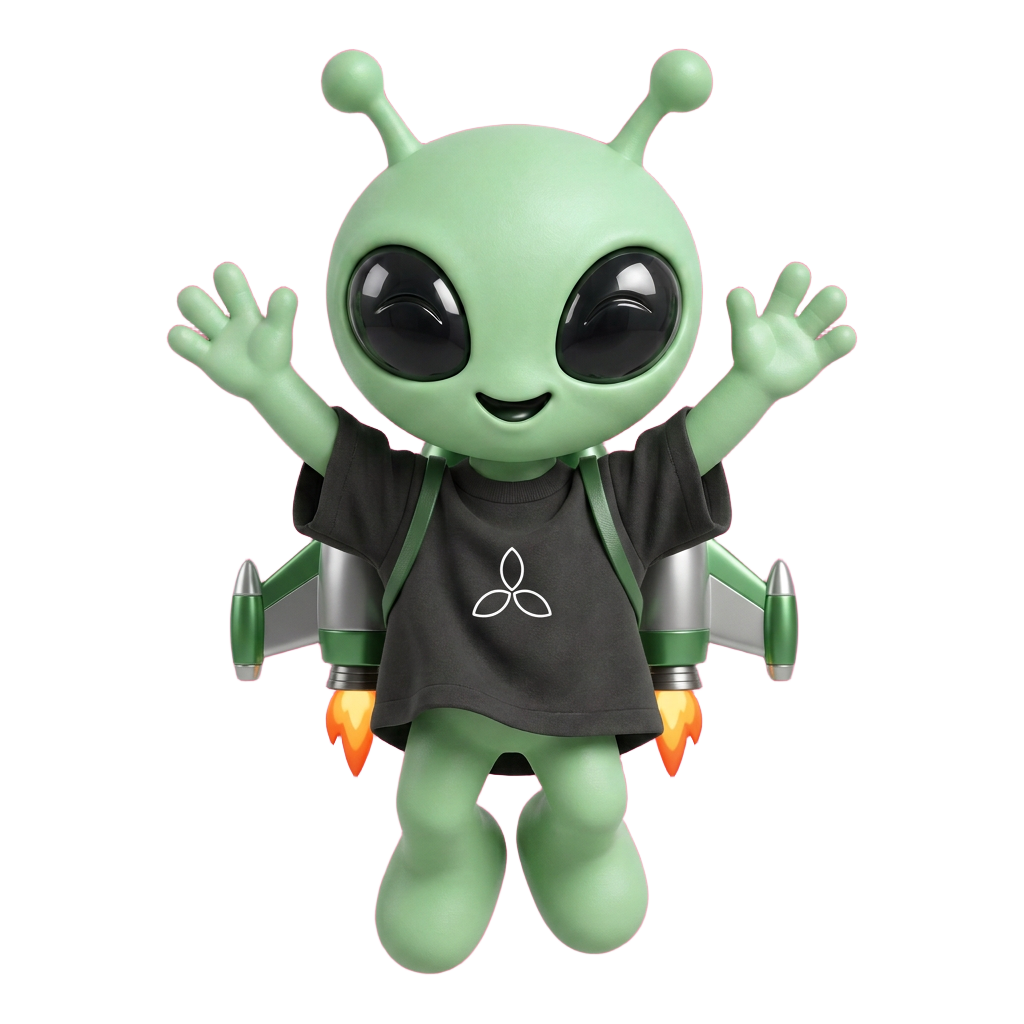 La mascotte alienetto di Make it REAL in volo